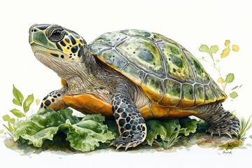 Obraz premium A detailed watercolor illustration of a turtle on leafy greens.