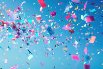 Colorful confetti falling on a holiday on a blue background