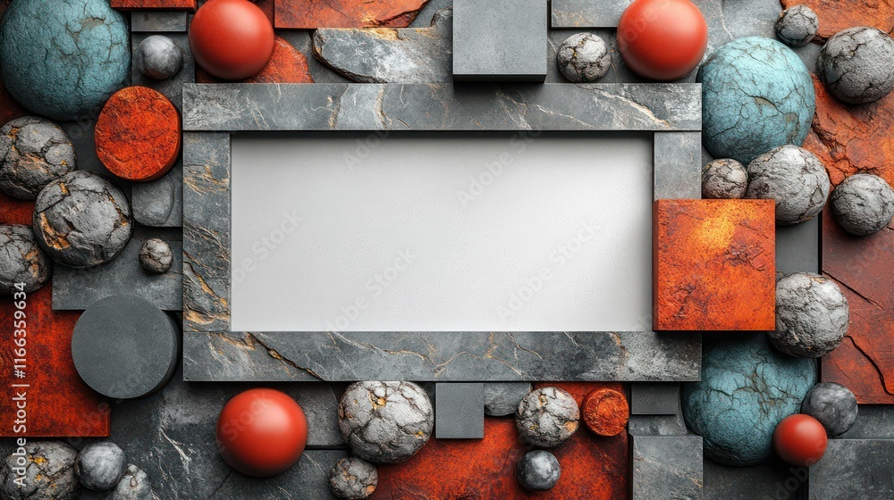 Poster abstract stone and sphere composition with central empty frame