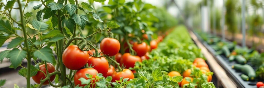 A vibrant greenhouse bursting with a variety of fresh horticultural produce such as tomatoes, cucumbers, and herbs, grown sustainably by a dedicated food producer, greenhouse, sustainable