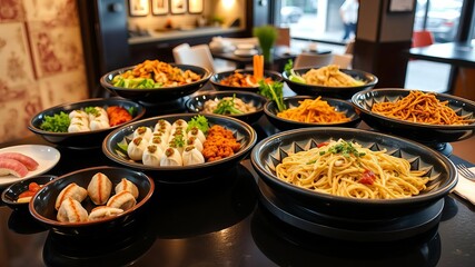 A vibrant display of assorted asian dishes including sushi, dumplings, noodles, and stir-fries in a restaurant setting, dining, food