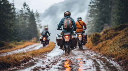 Group of young adult males riding motorcycles on muddy forest trail