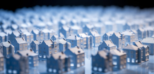  A small model of houses in blue and white colors. Real estate market growth