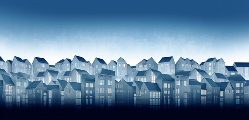  A small model of houses in blue and white colors. Real estate market growth