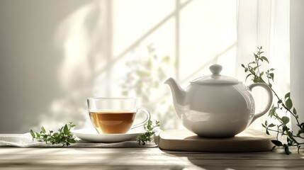 Obraz premium A Serene Tea Moment: Herbal Tea with a White Teapot by the Window