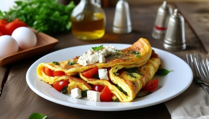 Delicious Rustic Omelette with Fresh Vegetables and Feta Cheese on a Wooden Table