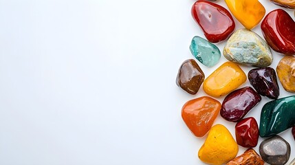 Colorful Polished Gemstones Beautifully Arranged on a White Background, Featuring Vibrant Reds, Yellows, Greens, and Browns, Perfect for Jewelry, Mineral Collections, or Artistic Displays