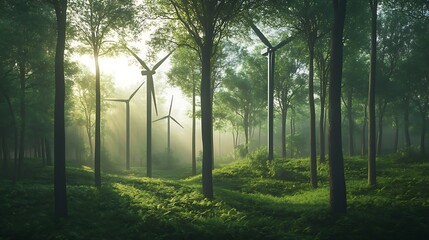 Fototapeta premium A serene forest scene showing the coexistence of modern wind turbines and natural beauty