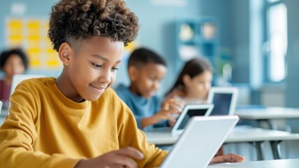 A focused student engages with a tablet in a bright classroom, exemplifying modern learning through technology among peers.