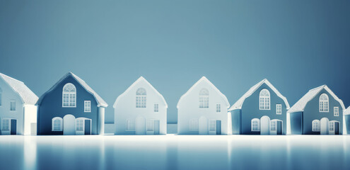  A small model of houses in blue and white colors. Real estate market growth