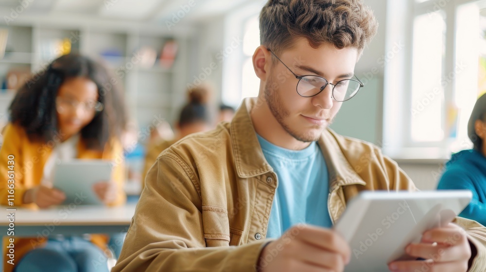 Aufkleber a focused student using a tablet in a classroom, surrounded by peers engaged in their own tasks.