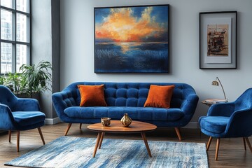 Blue velvet 3-seater sofa and armchair with wooden legs in modern living room interior design.