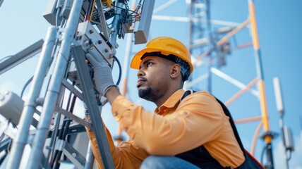 A technician in a hard hat works on telecommunications equipment atop a tower against a clear blue sky.