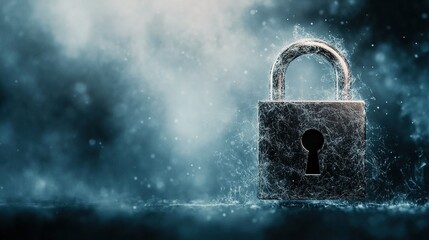 Holographic padlock securing encrypted data stream, digital security concept, advanced technology visualization, data protection theme