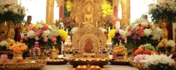 A vibrant altar adorned with flowers and offerings for a religious ceremony.