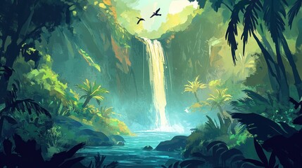 Fototapeta premium A serene jungle scene featuring a waterfall surrounded by lush greenery and birds.