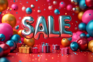 3D "SALE" text in silver and gold, floating against a red background with birthday balloons and gift boxes, in a photorealistic studio setup.
