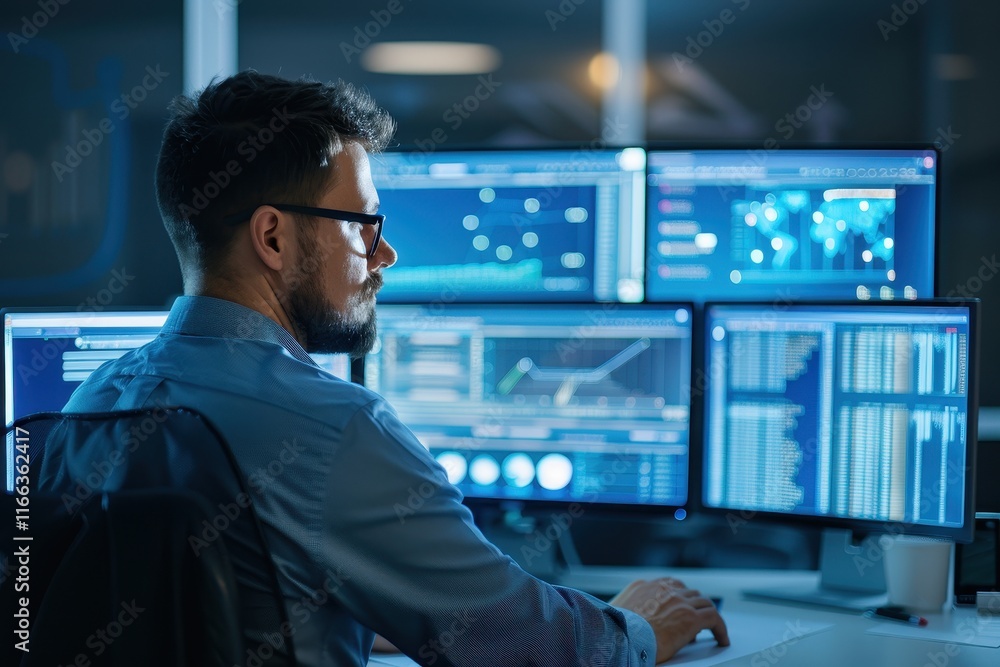 Poster a focused professional analyzes data on multiple screens in a dimly lit office, showcasing a modern 
