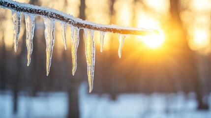 Naklejka premium Icy woodland serenity, glistening icicles adorn branches, gentle morning glow illuminates the tranquil forest scene