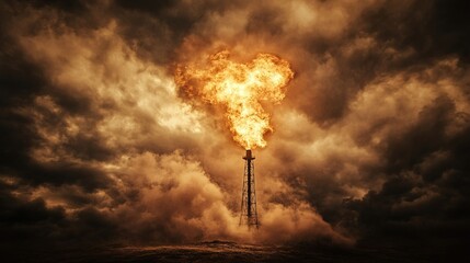 Fototapeta premium Gas Flaring Tower at Dusk, illuminated flames against a textured industrial backdrop, showcasing the interplay of light and shadow in a stark environment