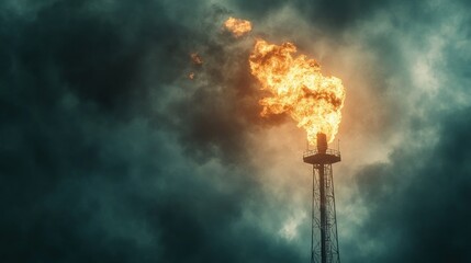 Fototapeta premium Gas flaring tower illuminated by striking light, showcasing intricate textures and industrial energy in a vast landscape