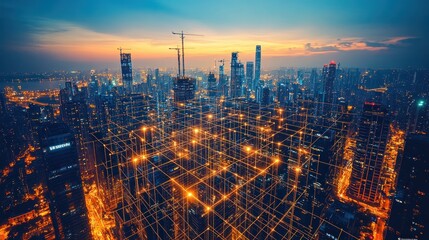 Fototapeta premium City skyline with construction at sunset.