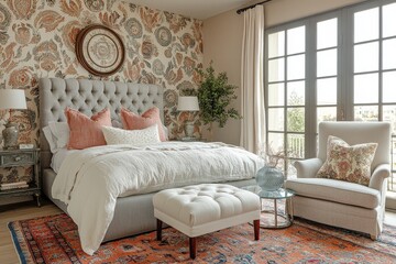 Elegant bedroom with soft pastel wallpaper, armchair, footstool, grey bed, and colorful rug, creating a cozy and stylish retreat.