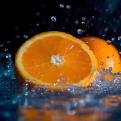 Vibrant oranges making contact with water on a dark backdrop, capturing their splashes in a close up view of the scene. The contrast highlights the freshness of the oranges.