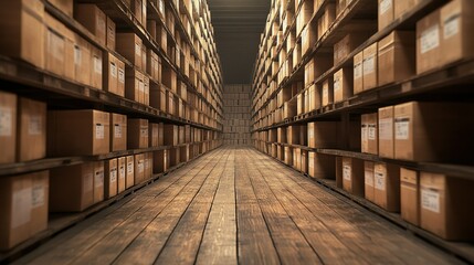 Obraz premium Logistics Hub with Organized Shelving System, Labeled Boxes for Efficient Inventory Management, Spacious and Well-Structured Environment