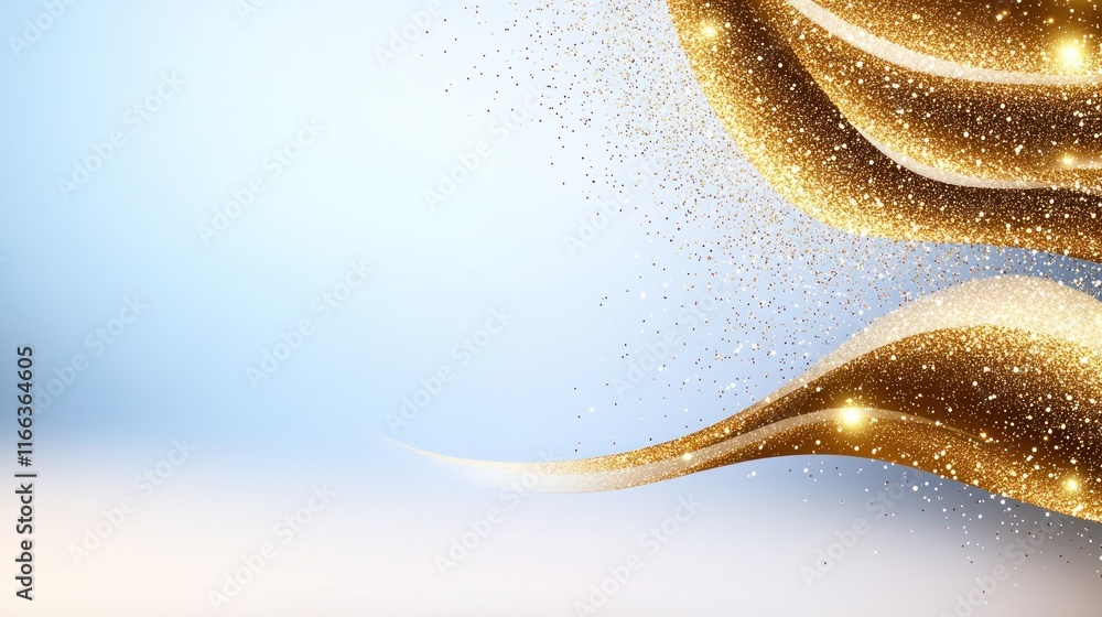 Poster Abstract golden waves with sparkling elements on a soft background.