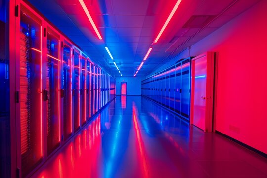 Neon-lit server room corridor with racks.