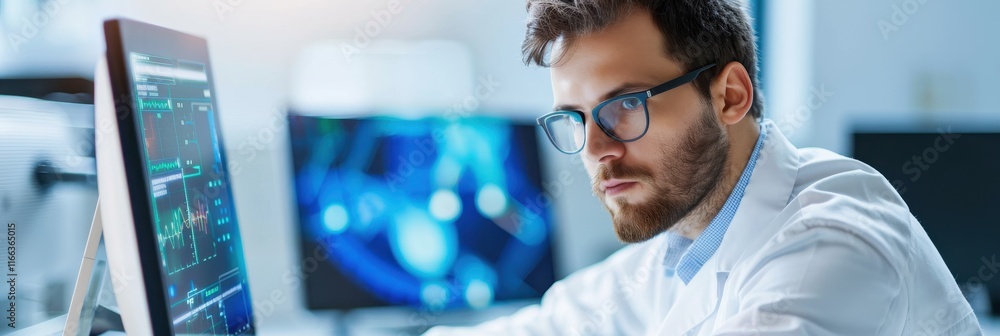 Poster a focused scientist in a lab, analyzing data on computer screens, showcasing technology and research