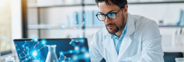 A focused scientist in a lab coat analyzes data on his laptop, surrounded by laboratory equipment and digital graphics of molecular structures.