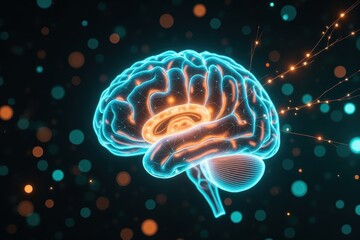 Futuristic Digital Brain with Glowing Connections and Bright Dots