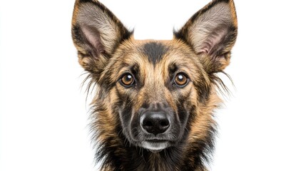 Fototapeta premium A close-up portrait of a dog with expressive eyes and prominent ears against a white background.
