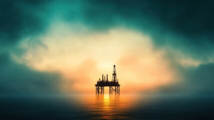 Offshore oil refinery platform, industrial structure above ocean, energy production facility, marine environment, advanced technology