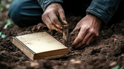 A person digging in soil near a buried book, suggesting exploration or discovery.