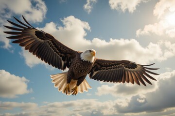 Naklejka premium Majestic Bald Eagle Soaring Through a Blue Sky with Clouds