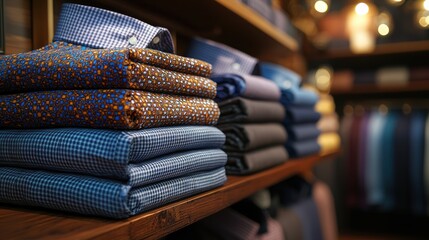 Neatly folded shirts displayed on wooden shelves.