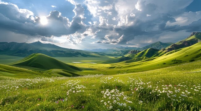Sunlit meadow in mountainous landscape.