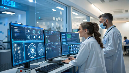 Healthcare professionals analyze data on advanced monitors in modern medical facility, showcasing AI driven healthcare system that enhances cybersecurity and patient care