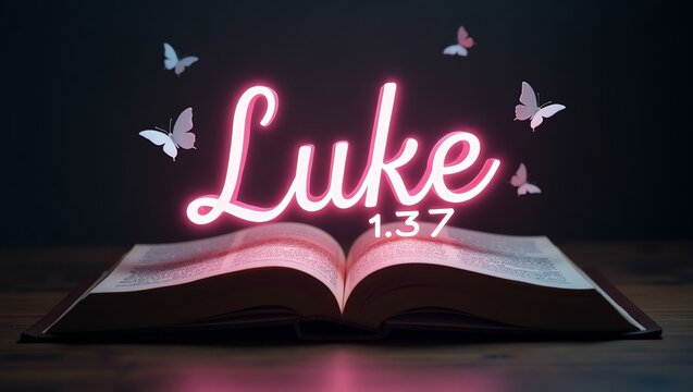 The word luke floats gracefully a couple of inches above the open pages of an ancient Bible, as though it is levitating in mid-air.
