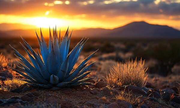 A striking agave plant silhouetted against a vibrant sunset in a desert landscape.
