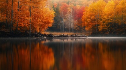 Obraz premium Autumn Riverbank Scene with Beavers Building a Dam Amidst Vibrant Seasonal Colors