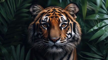 Fototapeta premium Majestic Tiger in Lush Tropical Foliage: A Captivating Portrait