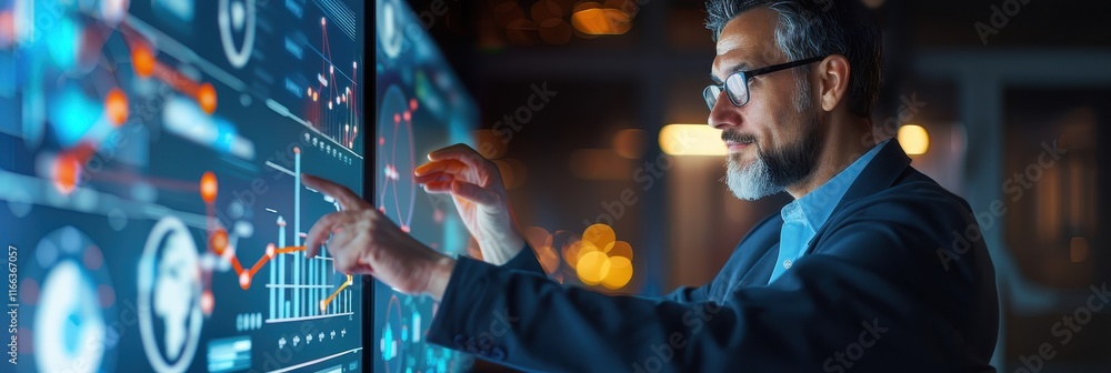 Poster a professional analyzing data on a futuristic touchscreen interface in a dimly lit environment, show