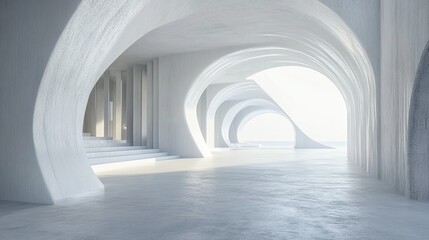Abstract white architectural interior with arches and ocean view.
