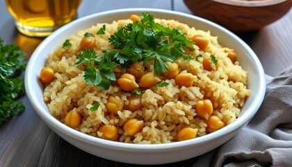 Savory Firik Pilaf with Chickpeas and Fresh Herbs on Wooden Table