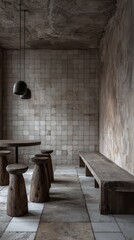 Minimalist Scandinavian Bathroom Design with White Tiles and Wooden Bench