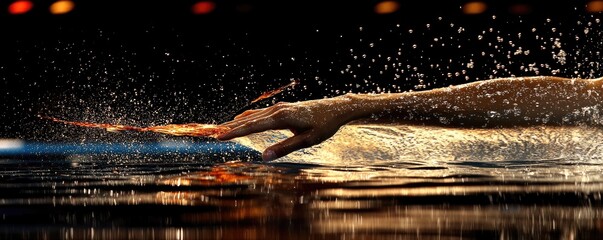 A swimmer's hand splashes through water, capturing motion and intensity in a competitive setting.
